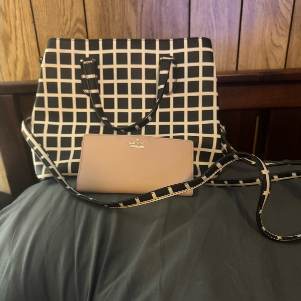 Kate Spade Black and White Grid Shoulder Bag with Pink Wallet